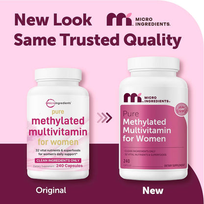Micro Ingredients Pure Methylated Multivitamin for Women, 240 Capsules | 32-in-1 Formula with Vitamin B, C, D + Iron, Methylfolate & More | Supports Women 's Daily Wellness | Filler Free, Non-GMO - PrimeBioHealth - canada supplements