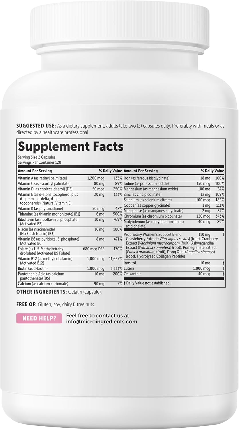 Micro Ingredients Pure Methylated Multivitamin for Women, 240 Capsules | 32-in-1 Formula with Vitamin B, C, D + Iron, Methylfolate & More | Supports Women 's Daily Wellness | Filler Free, Non-GMO - PrimeBioHealth - canada supplements