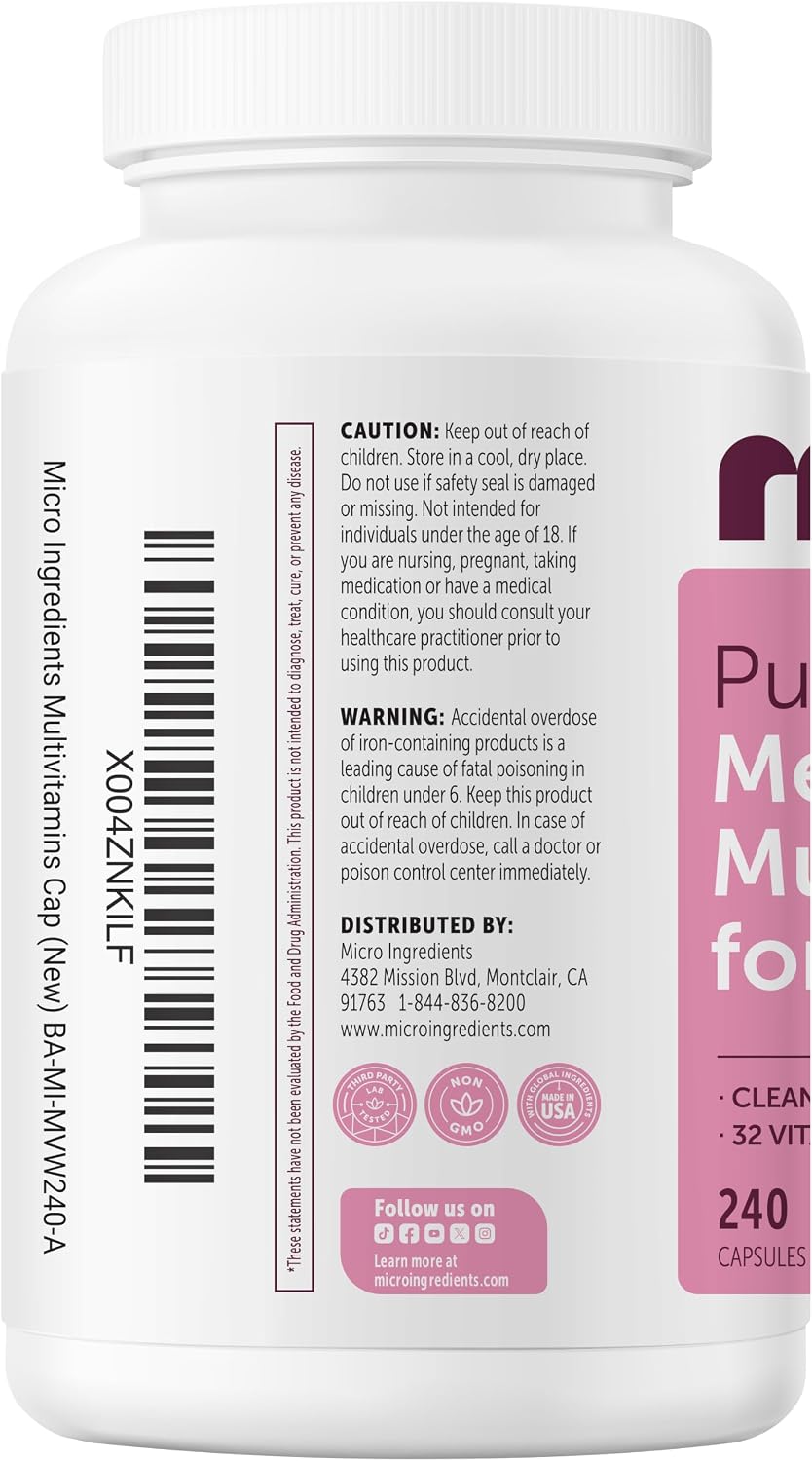 Micro Ingredients Pure Methylated Multivitamin for Women, 240 Capsules | 32-in-1 Formula with Vitamin B, C, D + Iron, Methylfolate & More | Supports Women 's Daily Wellness | Filler Free, Non-GMO - PrimeBioHealth - canada supplements