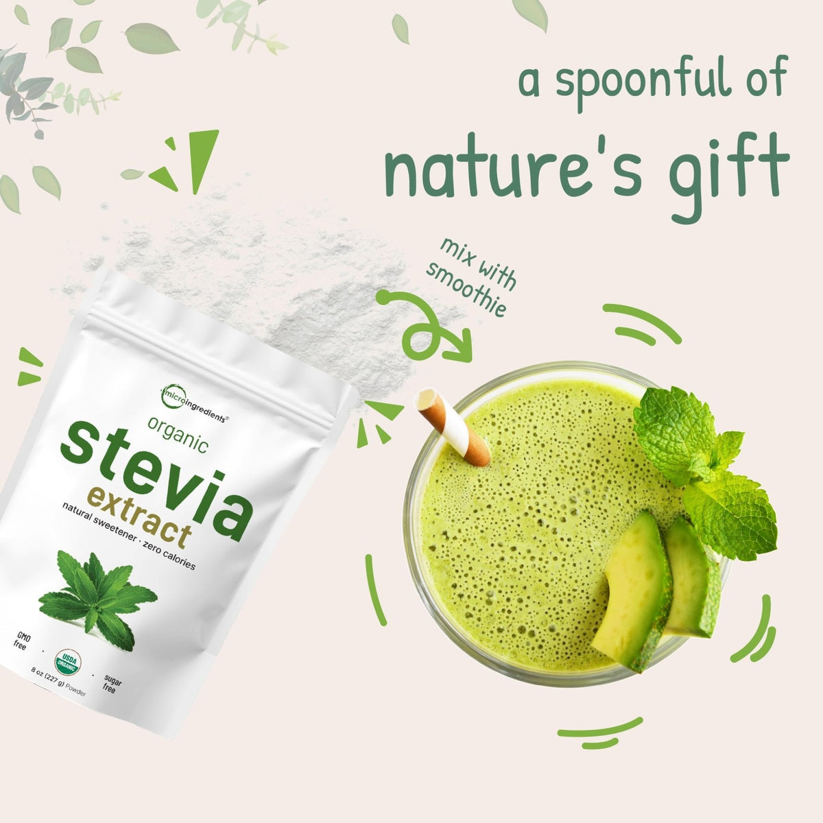 Micro Ingredients Pure Organic Stevia Powder, 8 Ounces, 1418 Serving, Highest Grade Stevia Green Leaf Extract Reb-A, Reduced Bitter Aftertaste, 0 Calorie, Natural Sweetener - PrimeBioHealth - canada supplements