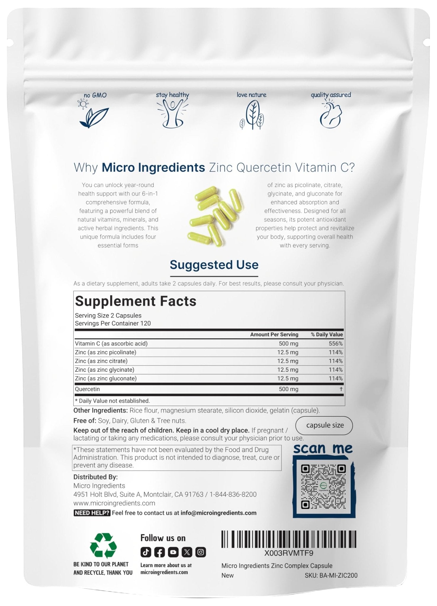 Micro Ingredients Quercetin with Vitamin C and Zinc, 240 Capsules | Quercetin 500mg, Vitamin C 500mg, Zinc 50mg (Picolinate, Citrate, Glycinate, Gluconate) - PrimeBioHealth - canada supplements