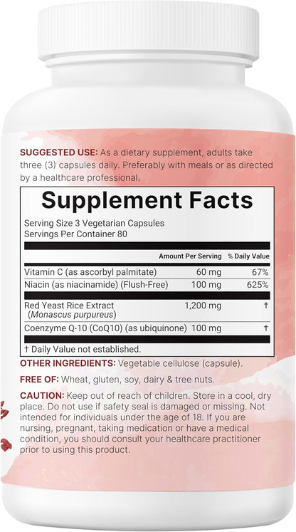 Micro Ingredients Red Yeast Rice with CoQ10 1200mg, 240 Veggie Capsules | Cholesterol Support & Heart Health Supplements* | 4-in-1 with Flush Free Niacin & Fat Soluble Vitamin C | Filler Free, Non-GMO - PrimeBioHealth - canada supplements