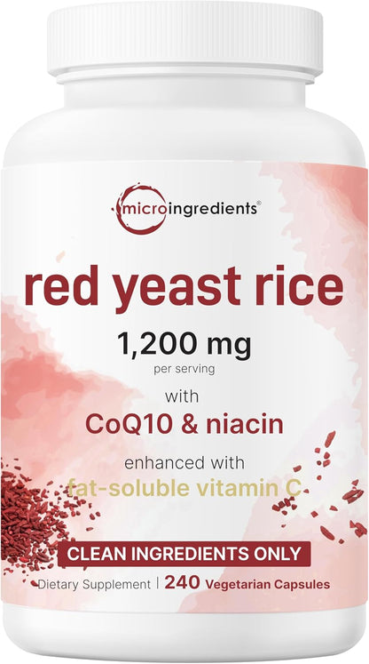Micro Ingredients Red Yeast Rice with CoQ10 1200mg, 240 Veggie Capsules | Cholesterol Support & Heart Health Supplements* | 4-in-1 with Flush Free Niacin & Fat Soluble Vitamin C | Filler Free, Non-GMO - PrimeBioHealth - canada supplements