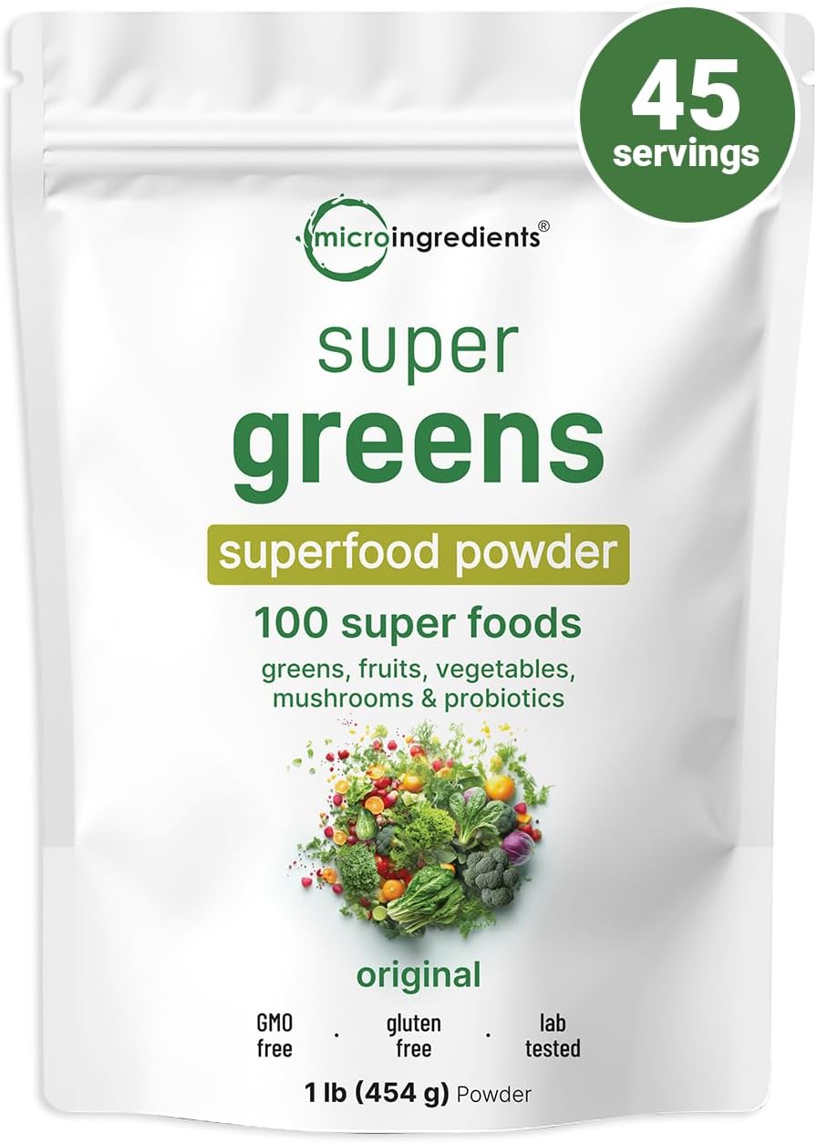 Micro Ingredients Super Greens Powder, 100 Superfoods, Green Drink Mix, 1lb | Superfood Blend with Daily Greens, Probiotics, Fruits, Vegetables & Mushrooms | 45 Servings | Non-GMO, Gluten-Free - PrimeBioHealth - canada supplements