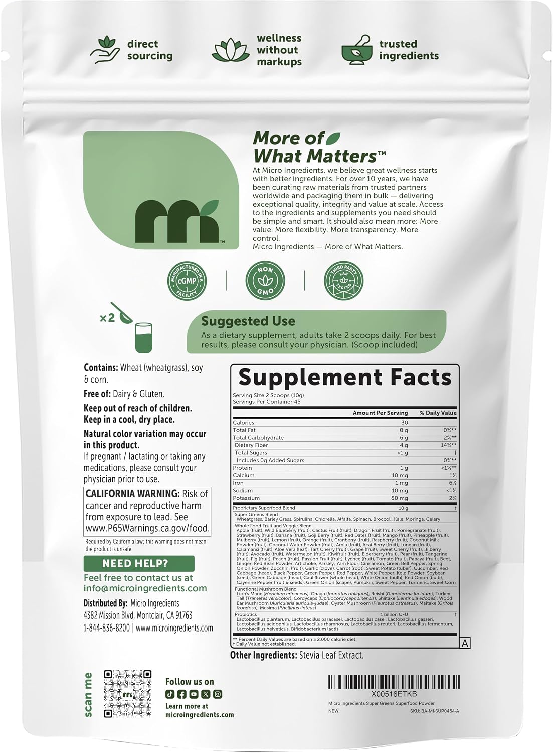 Micro Ingredients Super Greens Powder, 100 Superfoods, Green Drink Mix, 1lb | Superfood Blend with Daily Greens, Probiotics, Fruits, Vegetables & Mushrooms | 45 Servings | Non-GMO, Gluten-Free - PrimeBioHealth - canada supplements