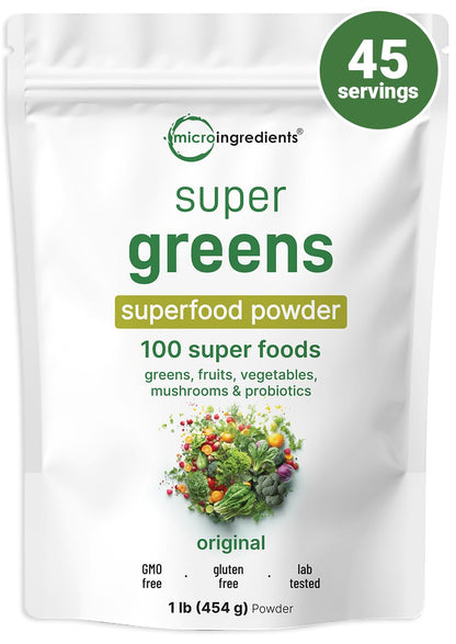 Micro Ingredients Super Greens Powder, 1lb | 100 Superfood Blend with Daily Greens, Probiotics, Fruits, Vegetables & Mushrooms | Source of Vegan Protein & Enzymes - PrimeBioHealth - canada supplements