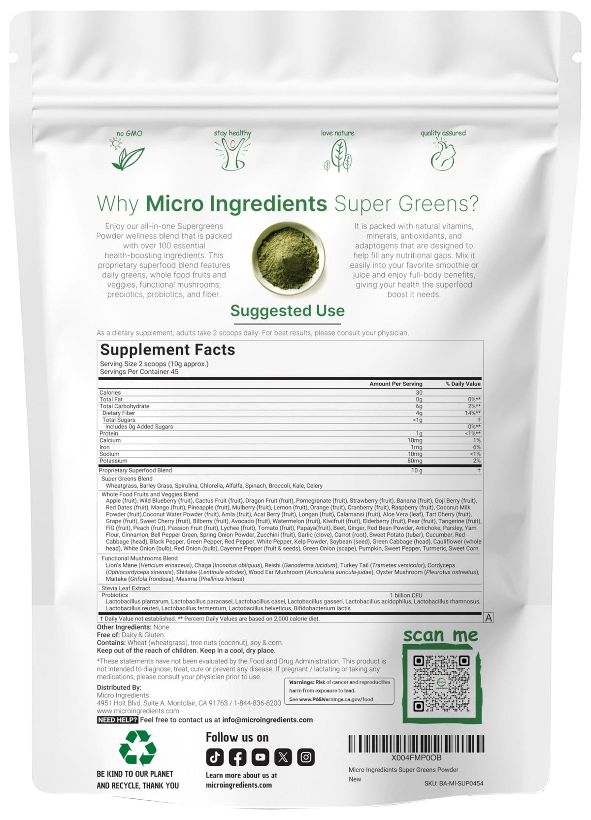 Micro Ingredients Super Greens Powder, 1lb | 100 Superfood Blend with Daily Greens, Probiotics, Fruits, Vegetables & Mushrooms | Source of Vegan Protein & Enzymes - PrimeBioHealth - canada supplements