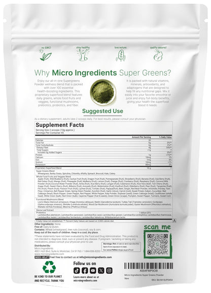Micro Ingredients Super Greens Powder, 1lb | 100 Superfood Blend with Daily Greens, Probiotics, Fruits, Vegetables & Mushrooms | Source of Vegan Protein & Enzymes - PrimeBioHealth - canada supplements