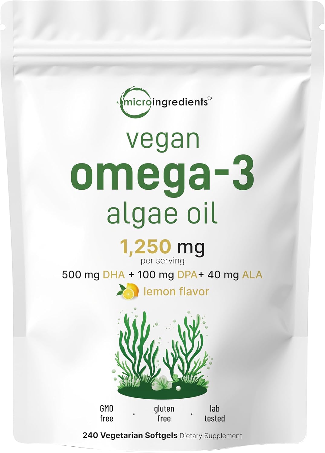 Micro Ingredients Vegan Omega 3 Algae Oil, 240 Veggie Softgels | Fish Oil Alternative | DHA 500mg & DPA 100mg | Carrageenan Free | Plant-Based Omega 3 with Flaxseed & ALA | Lemon Flavored - PrimeBioHealth - canada supplements