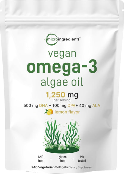Micro Ingredients Vegan Omega 3 Algae Oil, 240 Veggie Softgels | Fish Oil Alternative | DHA 500mg & DPA 100mg | Carrageenan Free | Plant-Based Omega 3 with Flaxseed & ALA | Lemon Flavored - PrimeBioHealth - canada supplements
