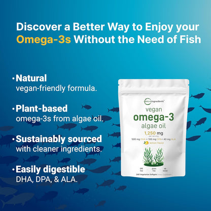 Micro Ingredients Vegan Omega 3 Algae Oil, 240 Veggie Softgels | Fish Oil Alternative | DHA 500mg & DPA 100mg | Carrageenan Free | Plant-Based Omega 3 with Flaxseed & ALA | Lemon Flavored - PrimeBioHealth - canada supplements