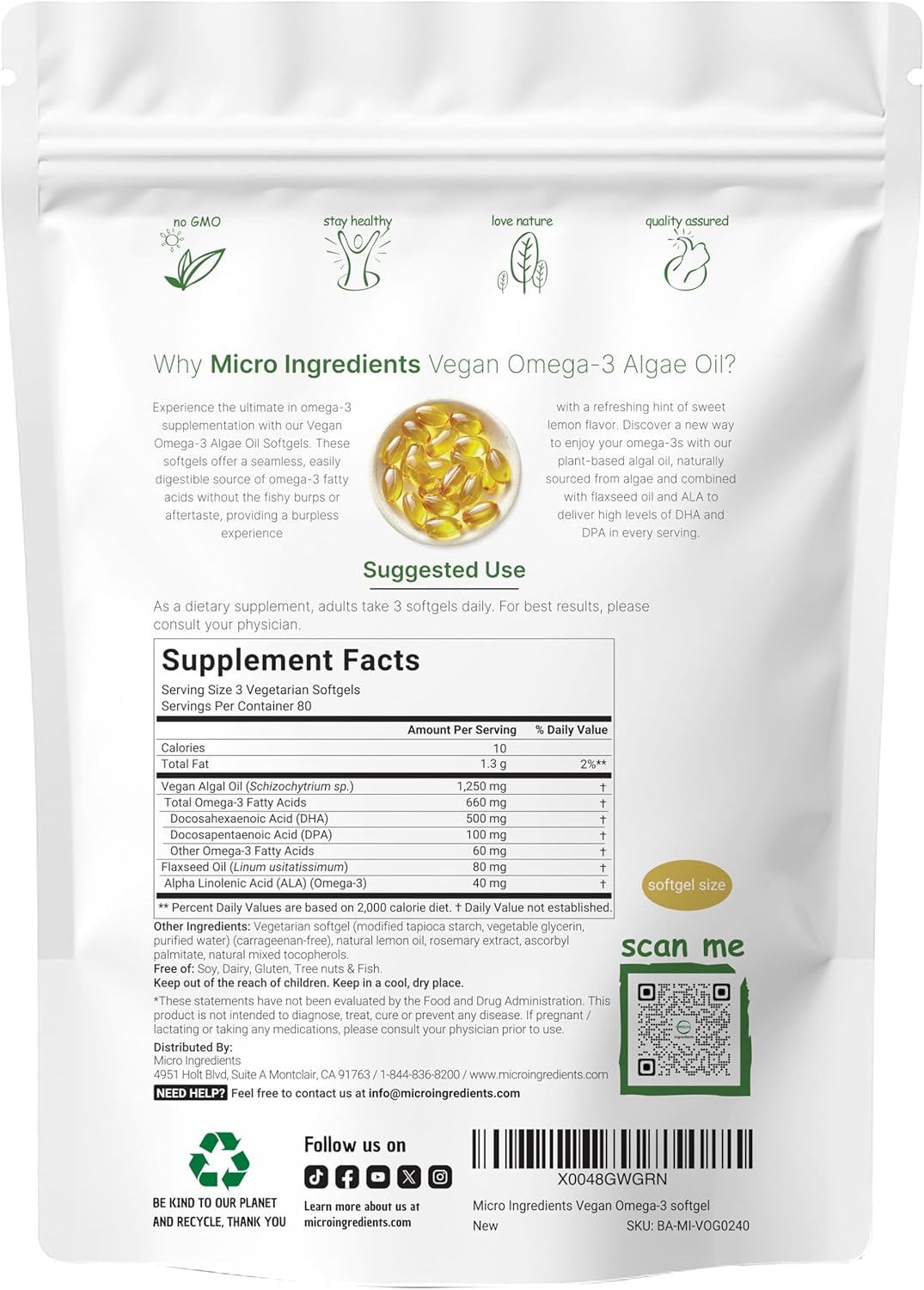 Micro Ingredients Vegan Omega 3 Algae Oil, 240 Veggie Softgels | Fish Oil Alternative | DHA 500mg & DPA 100mg | Carrageenan Free | Plant-Based Omega 3 with Flaxseed & ALA | Lemon Flavored - PrimeBioHealth - canada supplements