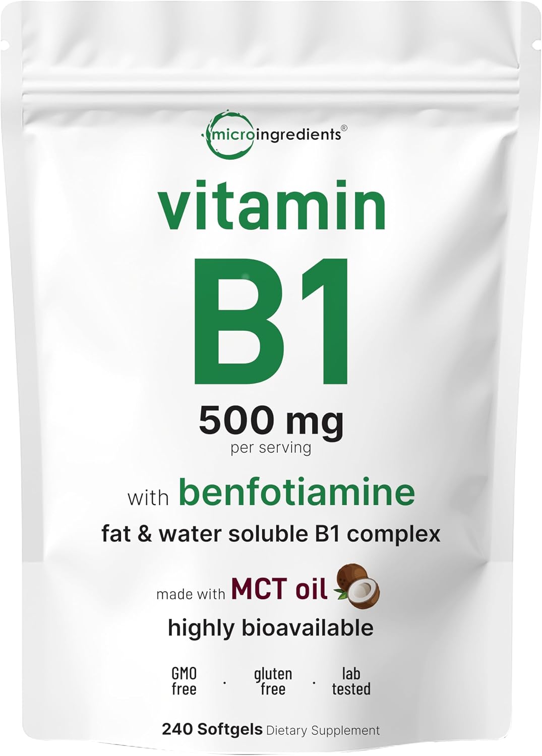 Micro Ingredients Vitamin B1 Thiamine 500mg with Benfotiamine & MCT Oil, 240 Softgels | Highly Bioavailable Thiamine Supplement for Energy & Nervous System Support* | Non-GMO, Soy Free - PrimeBioHealth - canada supplements