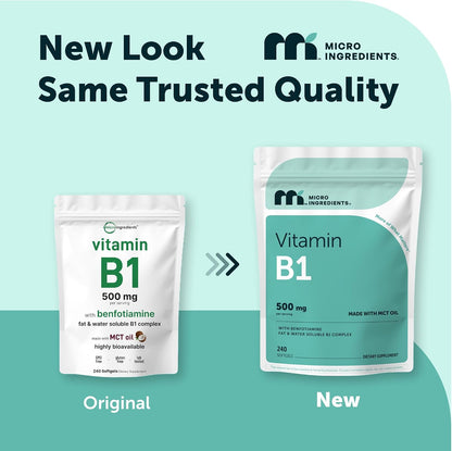Micro Ingredients Vitamin B1 Thiamine 500mg with Benfotiamine & MCT Oil, 240 Softgels | Highly Bioavailable Thiamine Supplement for Energy & Nervous System Support* | Non-GMO, Soy Free - PrimeBioHealth - canada supplements