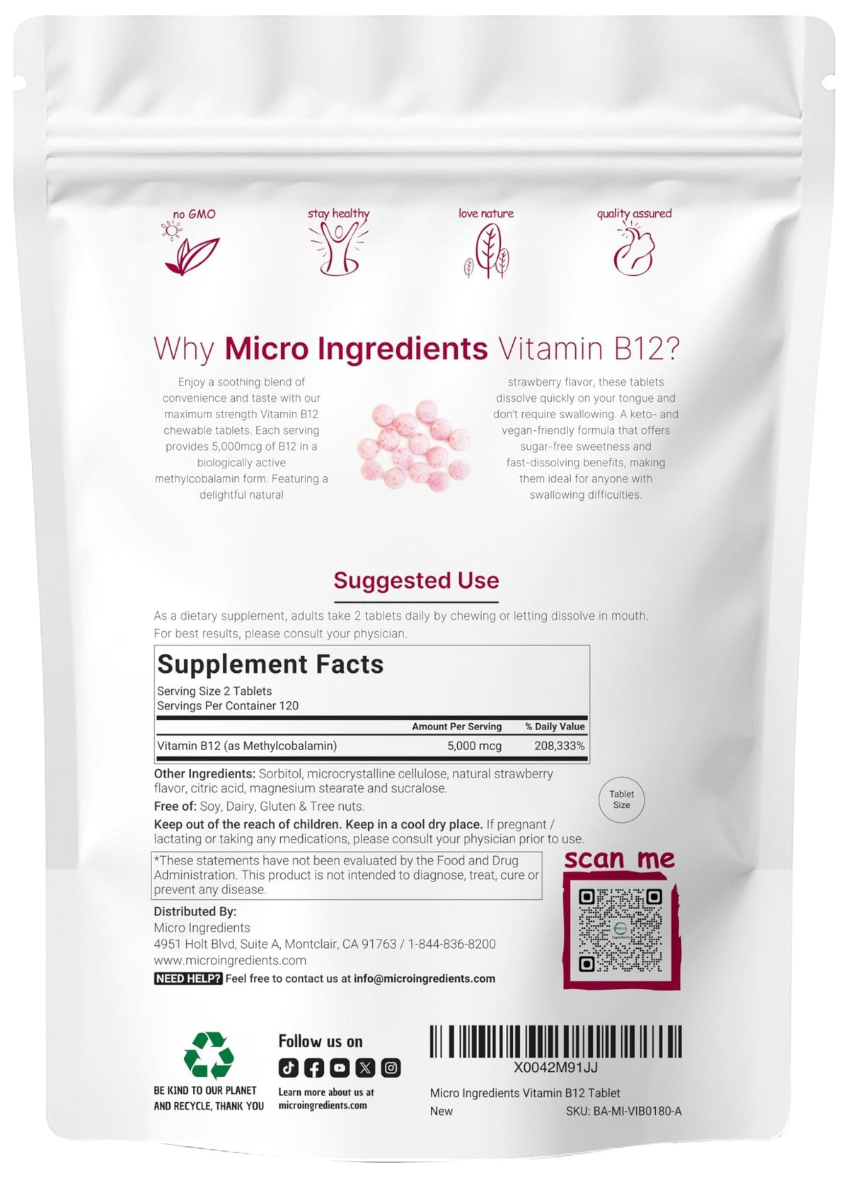 Micro Ingredients Vitamin B12 5,000 mcg | Methylcobalamin – 240 Chewable Tablets | Fast Dissolve, Natural Strawberry Flavor - PrimeBioHealth - canada supplements