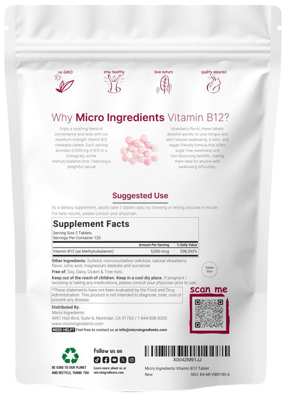 Micro Ingredients Vitamin B12 5,000 mcg | Methylcobalamin – 240 Chewable Tablets | Fast Dissolve, Natural Strawberry Flavor - PrimeBioHealth - canada supplements