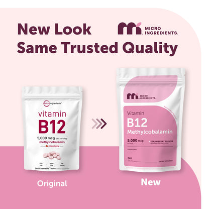 Micro Ingredients Vitamin B12 5,000 mcg | Methylcobalamin – 240 Chewable Tablets | Fast Dissolve, Natural Strawberry Flavor - PrimeBioHealth - canada supplements