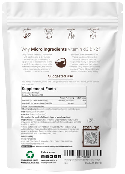 Micro Ingredients Vitamin D3 10,000 IU + K2 MK-7 200 mcg, 180 Softgels with Virgin Coconut Oil | 2-in-1 Vitamins D & K Complex - PrimeBioHealth - canada supplements