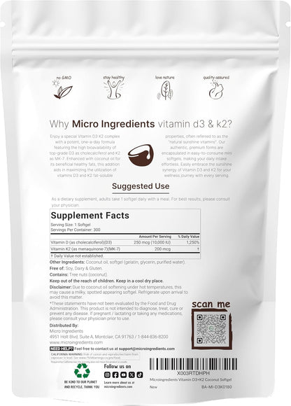 Micro Ingredients Vitamin D3 10,000 IU + K2 MK-7 200 mcg, 300 Softgels with Virgin Coconut Oil | 2-in-1 Vitamins D & K Complex | Extra Strength, Easy to Swallow, Non-GMO, Gluten Free - PrimeBioHealth - canada supplements