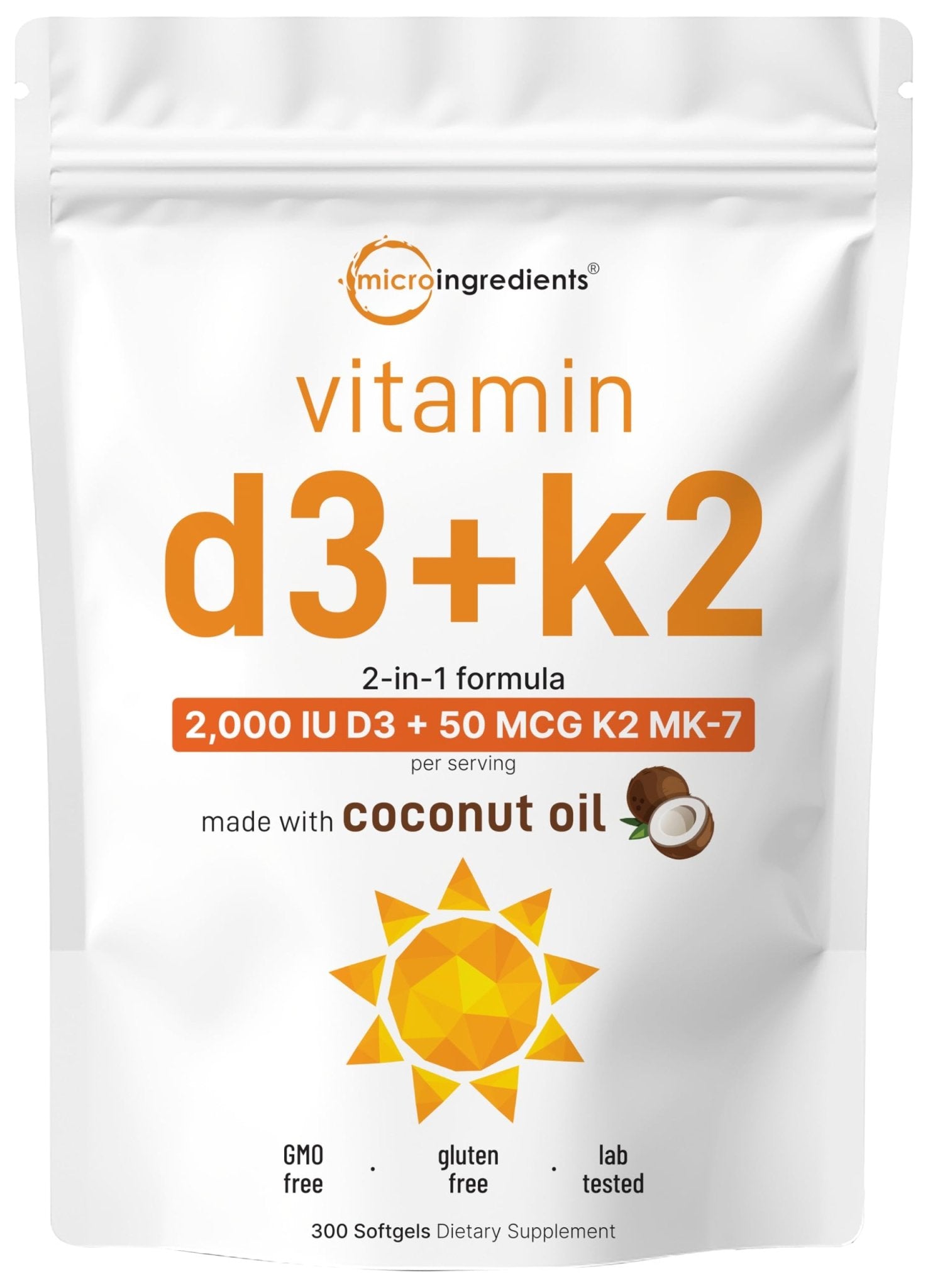 Micro Ingredients Vitamin D3 2,000 IU + K2 MK-7 50 mcg, 300 Softgels | Virgin Coconut Oil | 2-in-1 Support | Easy to Swallow, Non-GMO - PrimeBioHealth - canada supplements