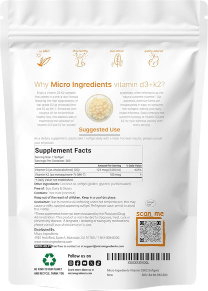 Micro Ingredients Vitamin D3 5,000 IU + K2 MK-7 100 mcg, 300 Softgels | Virgin Coconut Oil | 2-in-1 Support | Easy to Swallow, Non-GMO - PrimeBioHealth - canada supplements