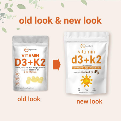 Micro Ingredients Vitamin D3 5,000 IU + K2 MK-7 100 mcg, 300 Softgels | Virgin Coconut Oil | 2-in-1 Support | Easy to Swallow, Non-GMO - PrimeBioHealth - canada supplements
