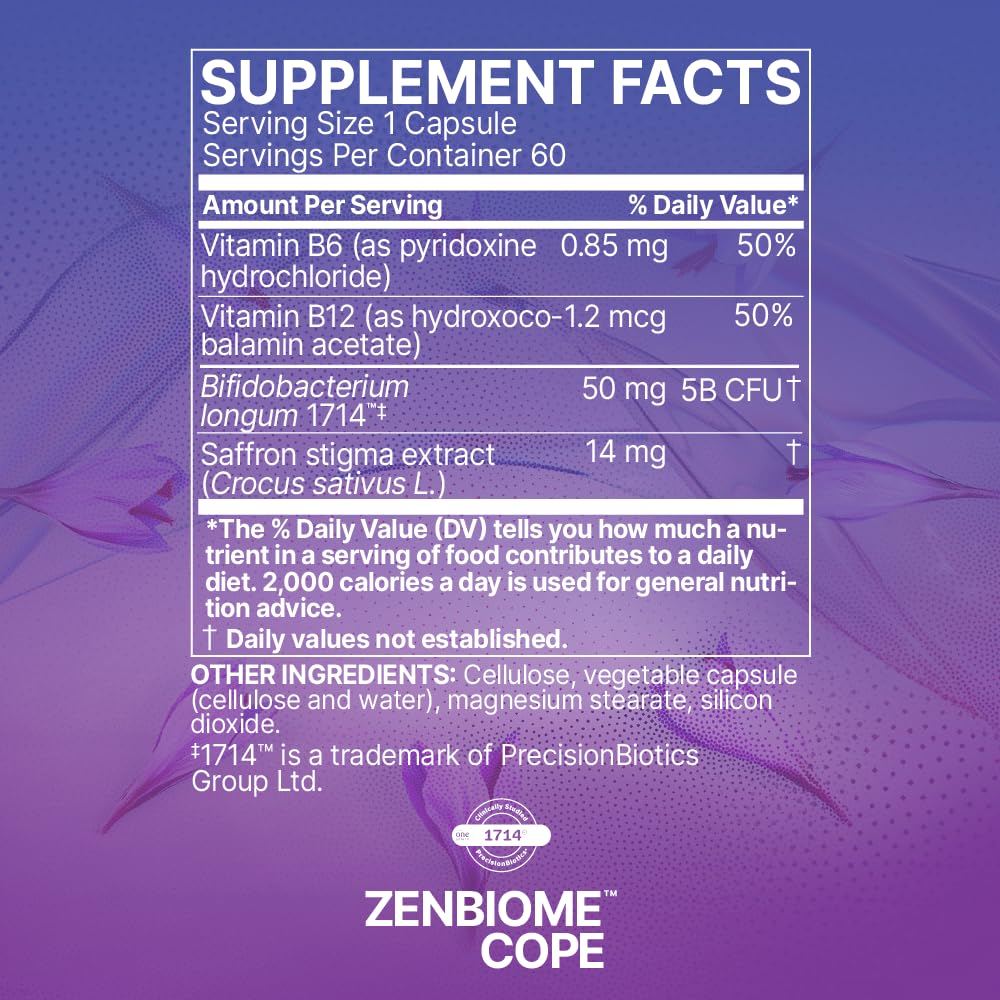 Microbiome Labs Zenbiome COPE - Probiotic Mood Support Supplement with Vitamin B6, B12 & Saffron Extract - Gut Health Probiotics for Women & Men - PrimeBioHealth - canada supplements