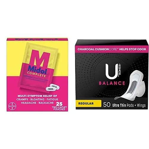 Midol Woman-on-The-Go Period Essentials Complete On The Go Menstrual Pain Relief Caplets, 50ct (25 Pouches of 2) & U by Kotex Balance Ultra Thin Pads Regular Absorbency 50ct - PrimeBioHealth - canada supplements