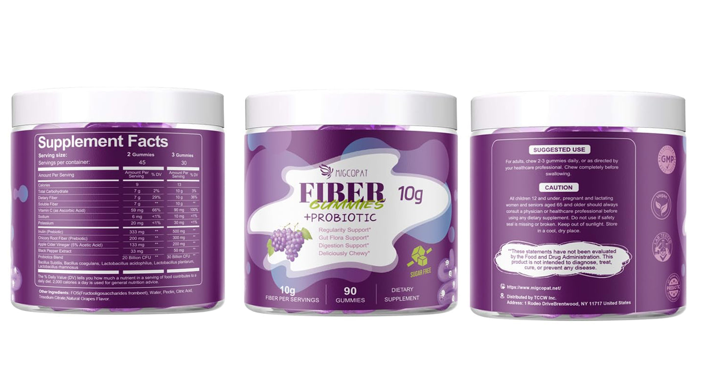 Migcopat 10G Fiber Gummies for Adults, No Sugar Added Grape Flavor, Fiber Supplement with 30 Billion CFU Probiotics Blend, ACV, Vitamin C, - PrimeBioHealth - canada supplements