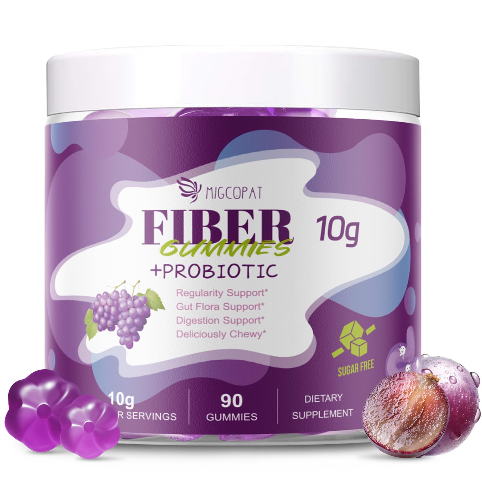 Migcopat 10G Fiber Gummies for Adults, No Sugar Added Grape Flavor, Fiber Supplement with 30 Billion CFU Probiotics Blend, ACV, Vitamin C, - PrimeBioHealth - canada supplements