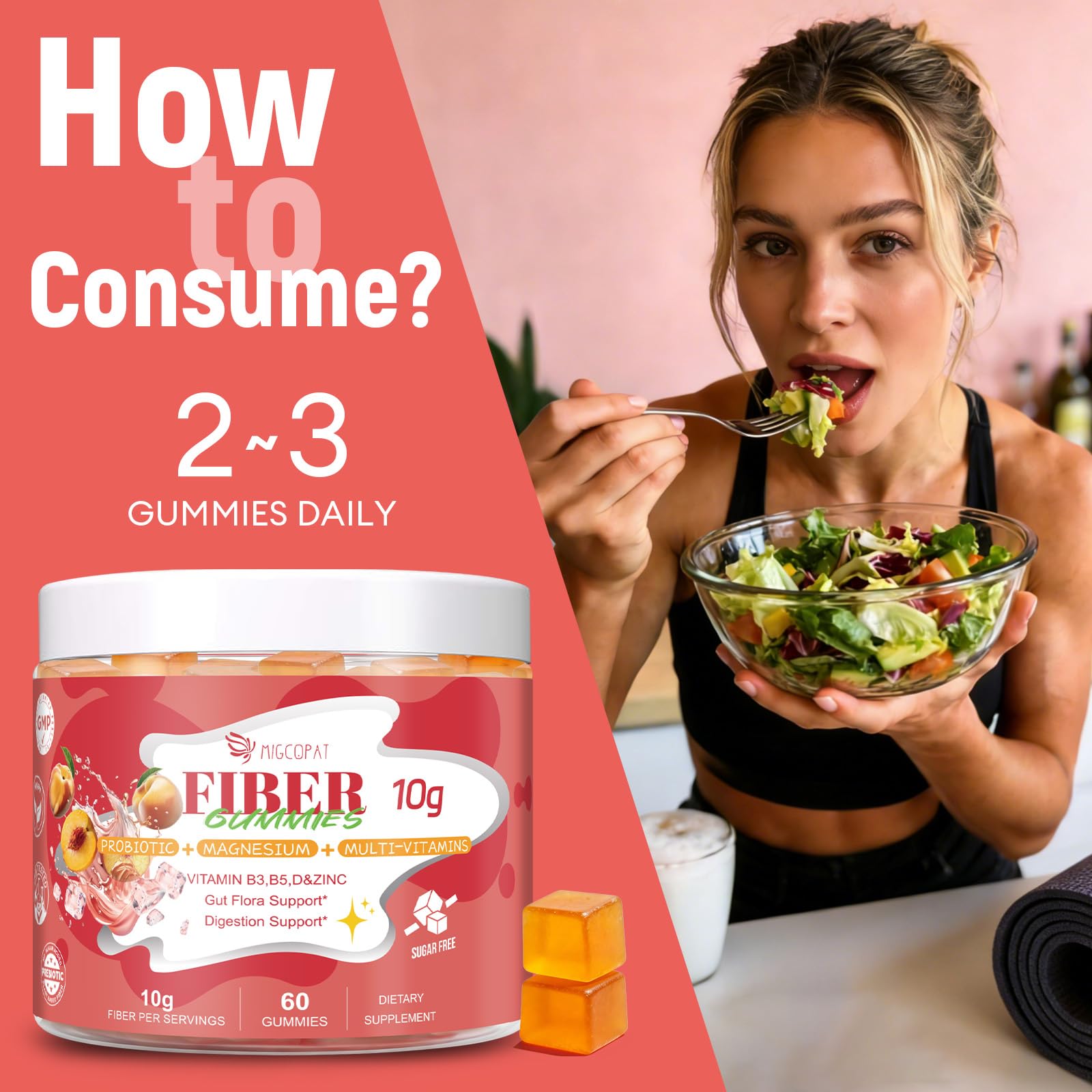 Migcopat 10G Fiber Gummies for Adults with Vitamins C, D, B3, B5 - Digestive & Gut Health Gummies with 30 Billion CFU Probiotics Blend, Inulin, ACV, Magnesium, Zinc - PrimeBioHealth - canada supplements