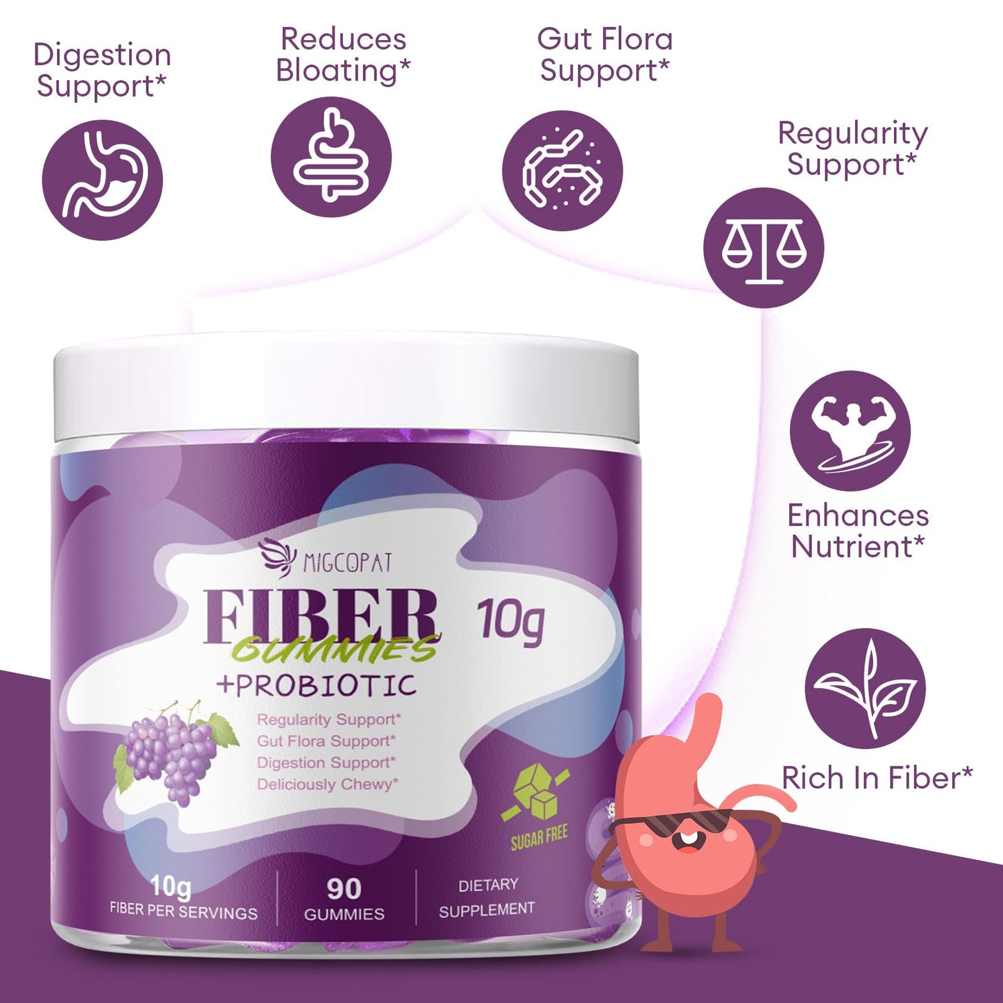 Migcopat 10G Fiber Gummies with 30 Billion CFU Probiotics, Grape Flavor, Bloating Support, Fiber Supplement with Vitamin C, - PrimeBioHealth - canada supplements
