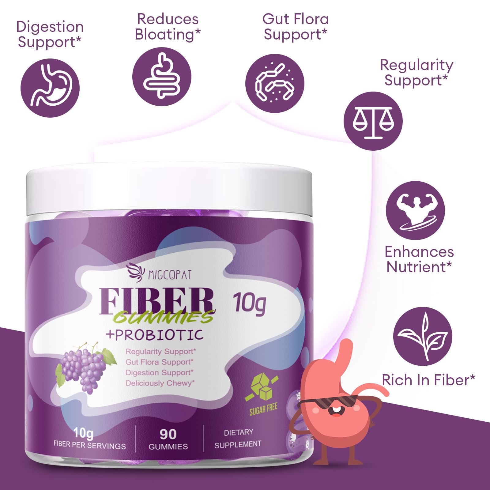 Migcopat 10G Fiber Gummies with 30 Billion CFU Probiotics, Grape Flavor, Bloating Support, Fiber Supplement with Vitamin C, - PrimeBioHealth - canada supplements