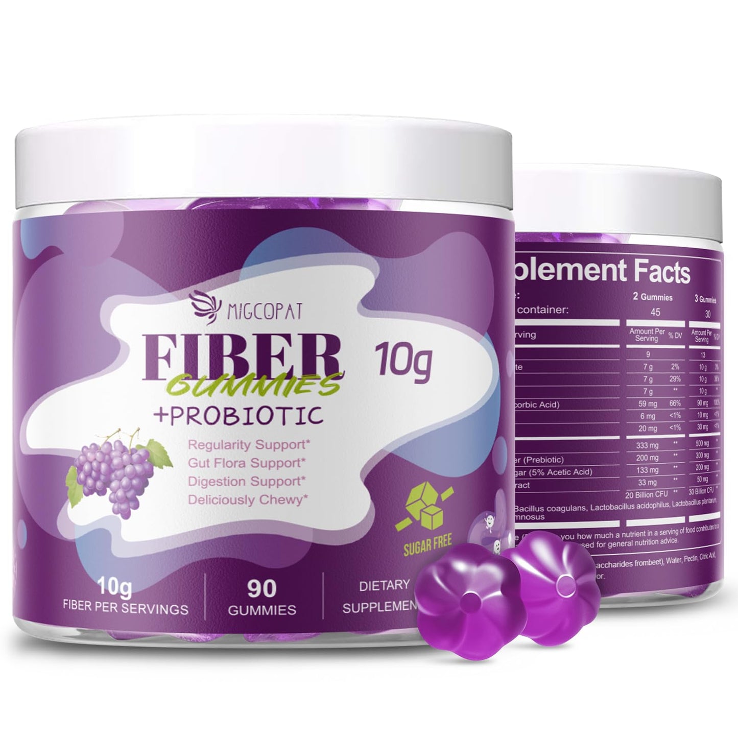 Migcopat 10G Fiber Gummies with 30 Billion CFU Probiotics, Grape Flavor, Bloating Support, Fiber Supplement with Vitamin C, - PrimeBioHealth - canada supplements
