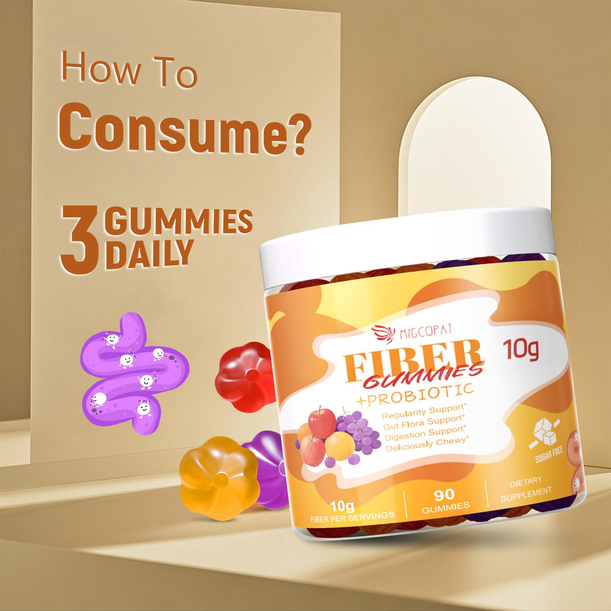 Migcopat 10G Fiber Gummies with Probiotics, Fiber Supplement with 30 Billion CFU Probiotics Blend, ACV, Vitamin C, Inulin - Support Digestive Health - PrimeBioHealth - canada supplements