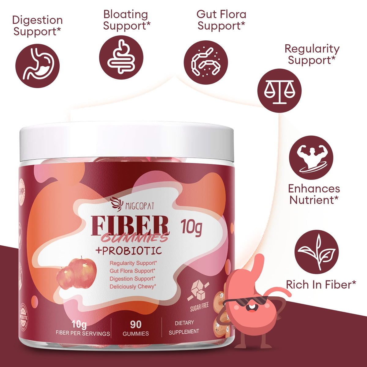 Migcopat Fiber Gummies with Probiotics,10G Fiber per Serving No Sugar Added Apple Flavor, with 10 Billion CFU Probiotics Blend, Apple Cider Vinegar, - PrimeBioHealth - canada supplements
