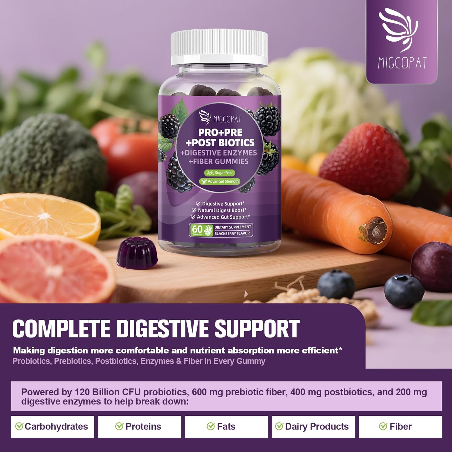Migcopat Pre Post Probiotics Gummies, Probiotic Prebiotic Postbiotic Digestive Enzymes with Fiber, 120 Billion CFU Probiotics Complete Gut Support, Sugar Free - PrimeBioHealth - canada supplements