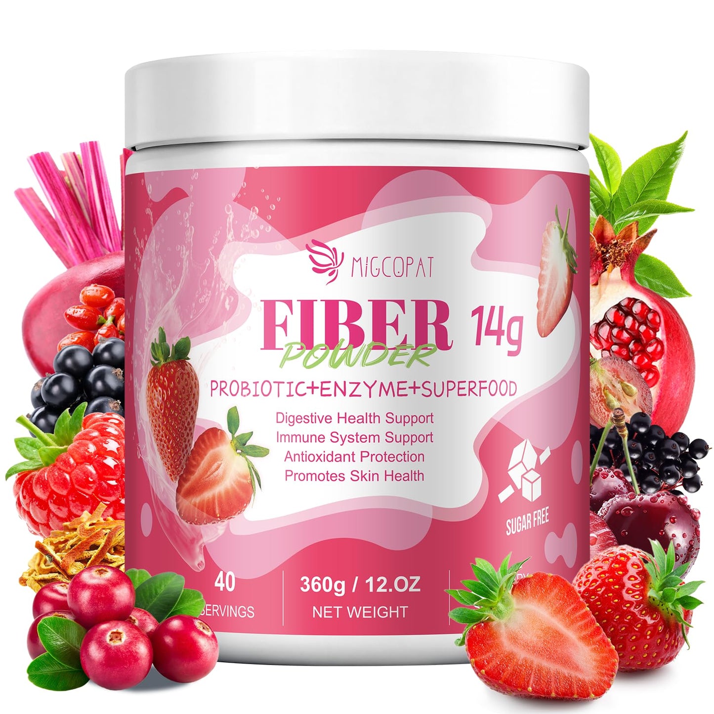 Migcopat Superfood Fiber Powder with Probiotics, Prebiotics, Digestive Enzymes, Vitamin C, Inulin, Magnesium, 14G Fiber Supplement for Digestive Support & Skin Health - PrimeBioHealth - canada supplements