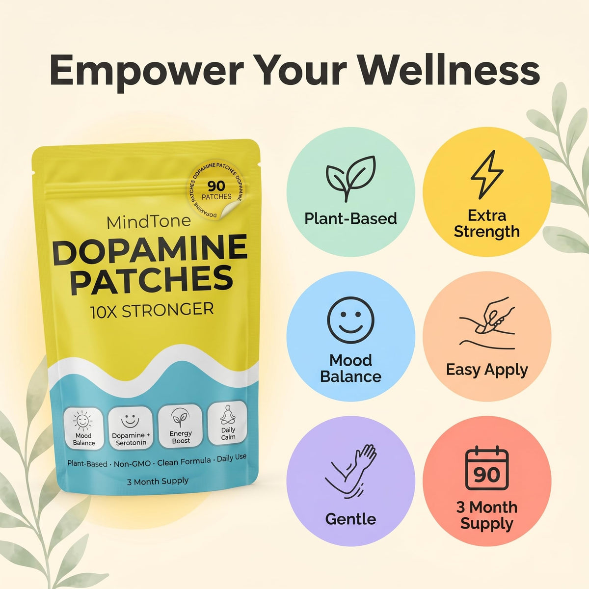MindTone Dopamine Patches Extra Strength – 90 Count Plant-Based Non-GMO Mood Support & Energy Patch – Dopamine & Serotonin Balance – Mood Balance Patch for Women & Men – 3 Month Supply - PrimeBioHealth - canada supplements