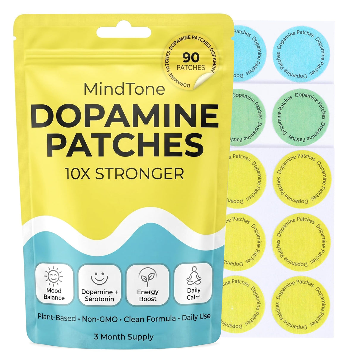 MindTone Dopamine Patches Extra Strength – 90 Count Plant-Based Non-GMO Mood Support & Energy Patch – Dopamine & Serotonin Balance – Mood Balance Patch for Women & Men – 3 Month Supply - PrimeBioHealth - canada supplements