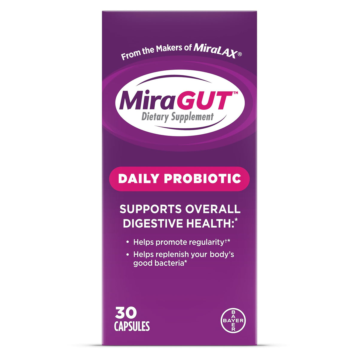 MiraGUT Daily Probiotic, from the Makers of MiraLAX, Probiotics for Digestive Health, Gluten-Free Supplement, Probiotic for Women and Men - PrimeBioHealth - canada supplements