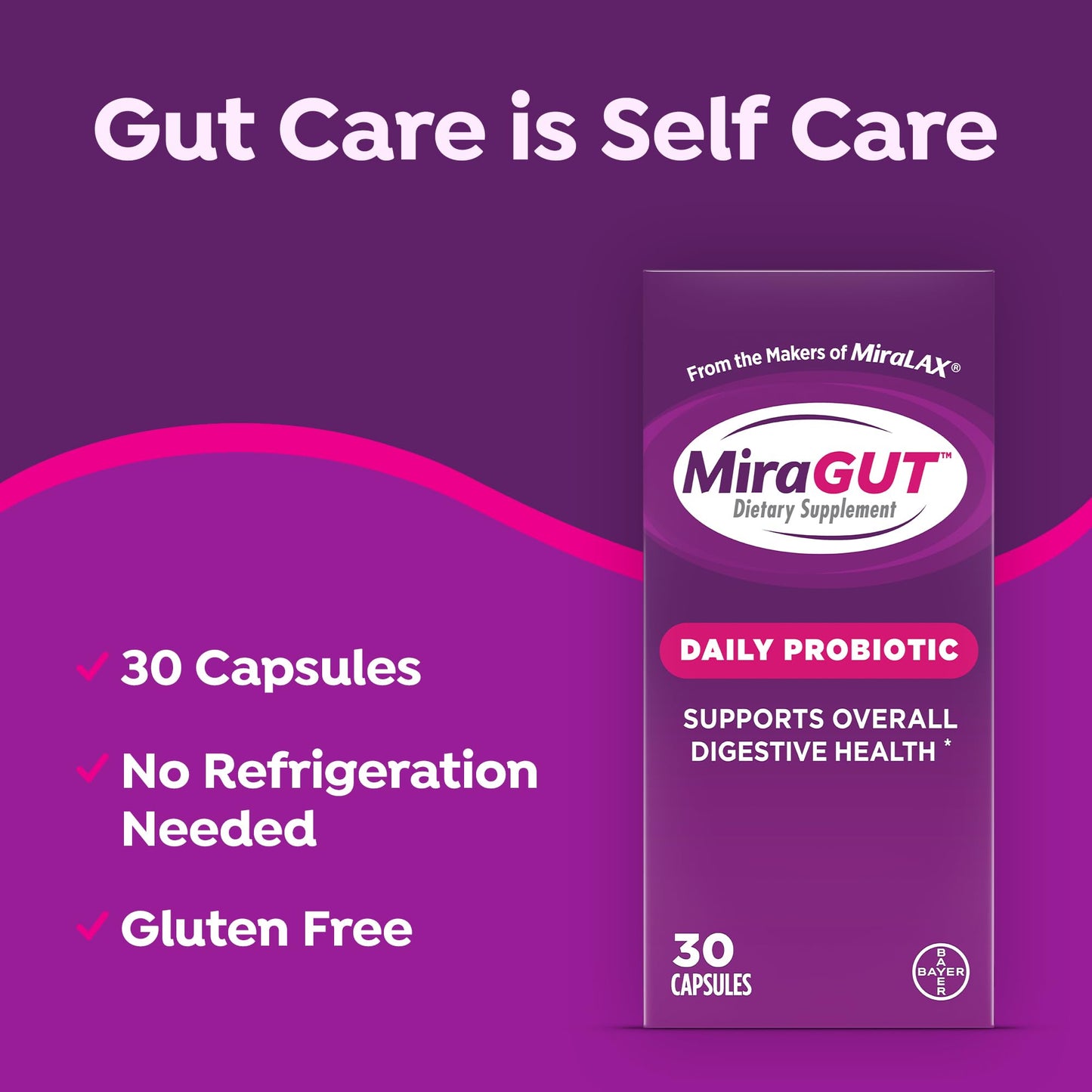 MiraGUT Daily Probiotic, from the Makers of MiraLAX, Probiotics for Digestive Health, Gluten-Free Supplement, Probiotic for Women and Men - PrimeBioHealth - canada supplements