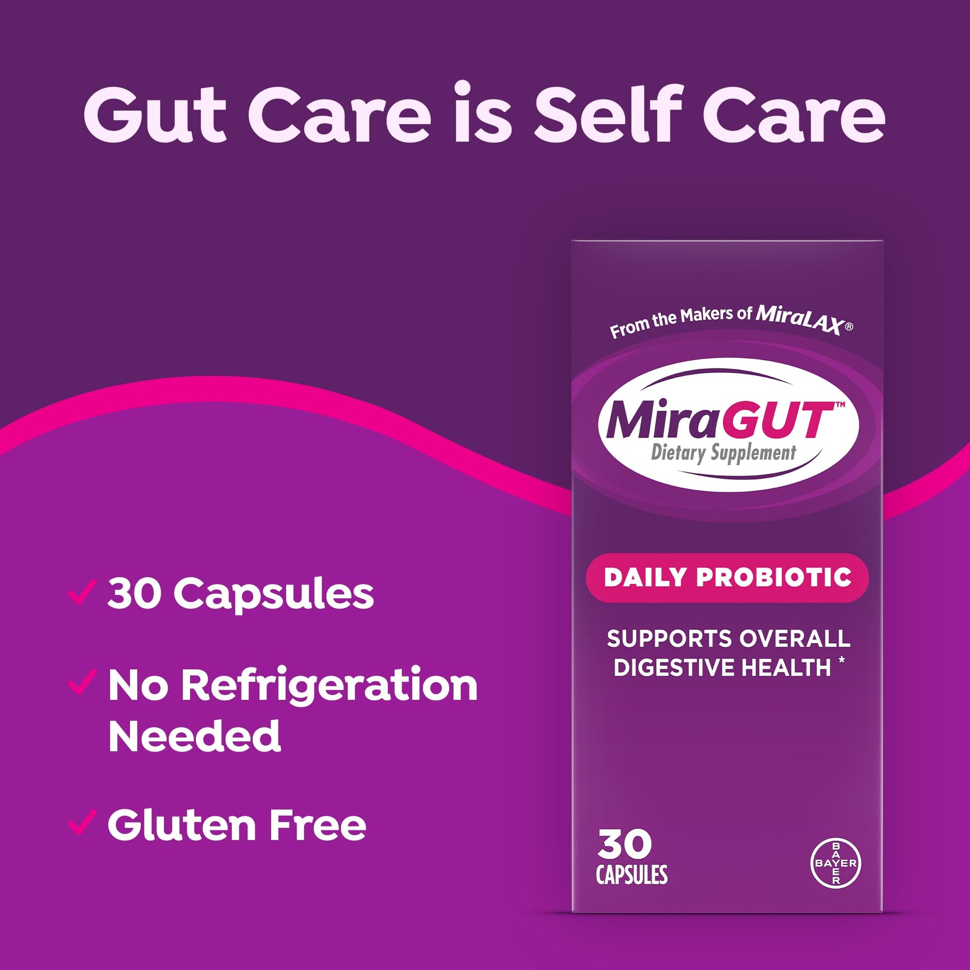 MiraGUT Daily Probiotic, from the Makers of MiraLAX, Probiotics for Digestive Health, Gluten-Free Supplement, Probiotic for Women and Men - PrimeBioHealth - canada supplements