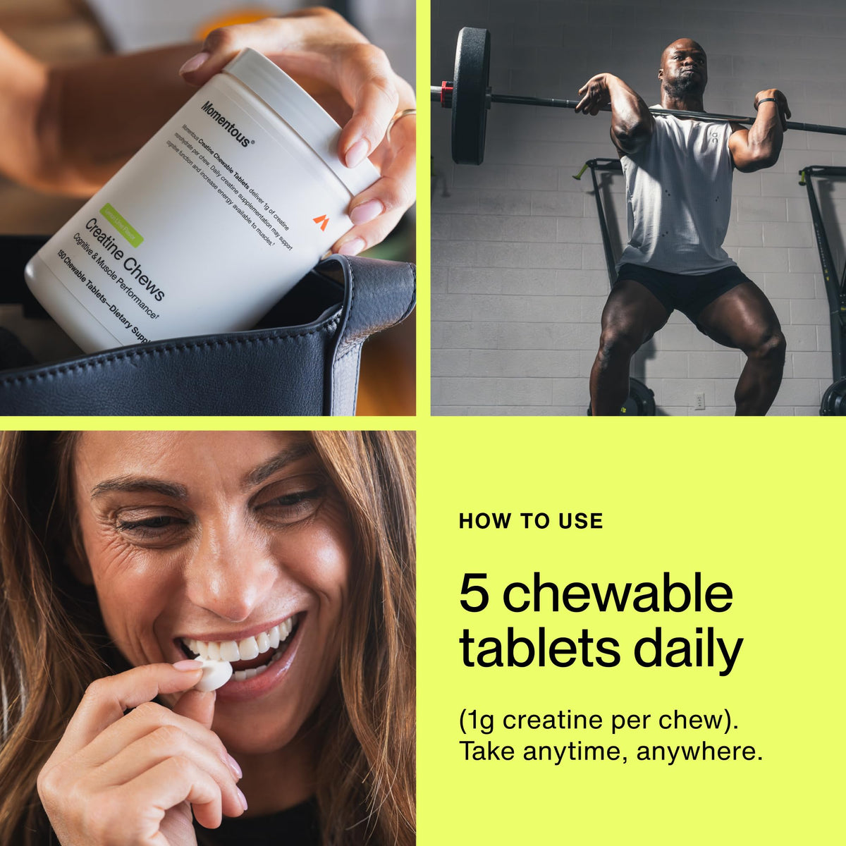 Momentous Creatine Chews - Creatine Monohydrate - Supports Strength, Lean Muscle, & Recovery for Men & Women - NSF Certified for Sport - 150 Chewable Tablets - Lemon Lime - PrimeBioHealth - canada supplements