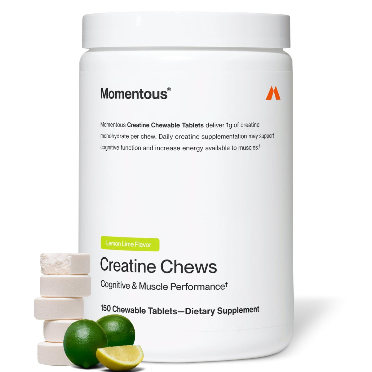 Momentous Creatine Chews - Creatine Monohydrate - Supports Strength, Lean Muscle, & Recovery for Men & Women - NSF Certified for Sport - 150 Chewable Tablets - Lemon Lime - PrimeBioHealth - canada supplements
