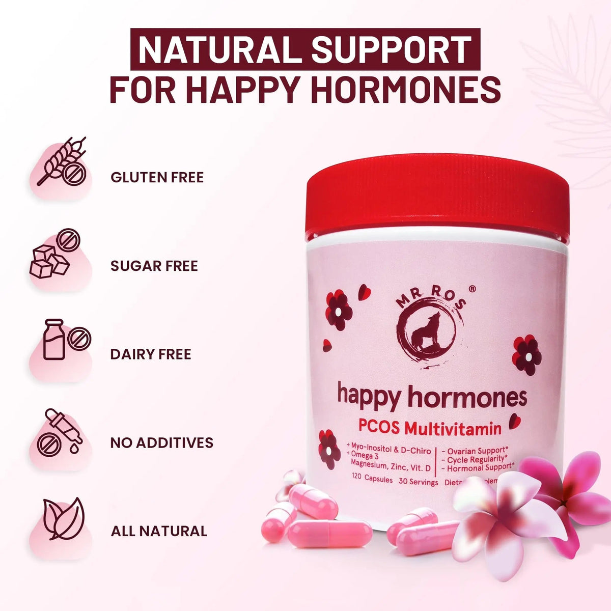 Mr Ros PCOS Multivitamin for Women – Happy Hormones Formula – Myo & D-Chiro Inositol 40:1, Omega-3, Vitamin D3, Zinc & Magnesium - PrimeBioHealth - canada supplements
