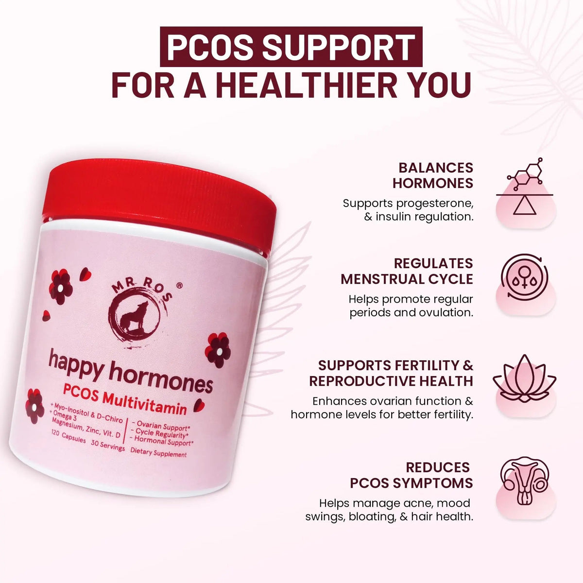 Mr Ros PCOS Multivitamin for Women – Happy Hormones Formula – Myo & D-Chiro Inositol 40:1, Omega-3, Vitamin D3, Zinc & Magnesium - PrimeBioHealth - canada supplements