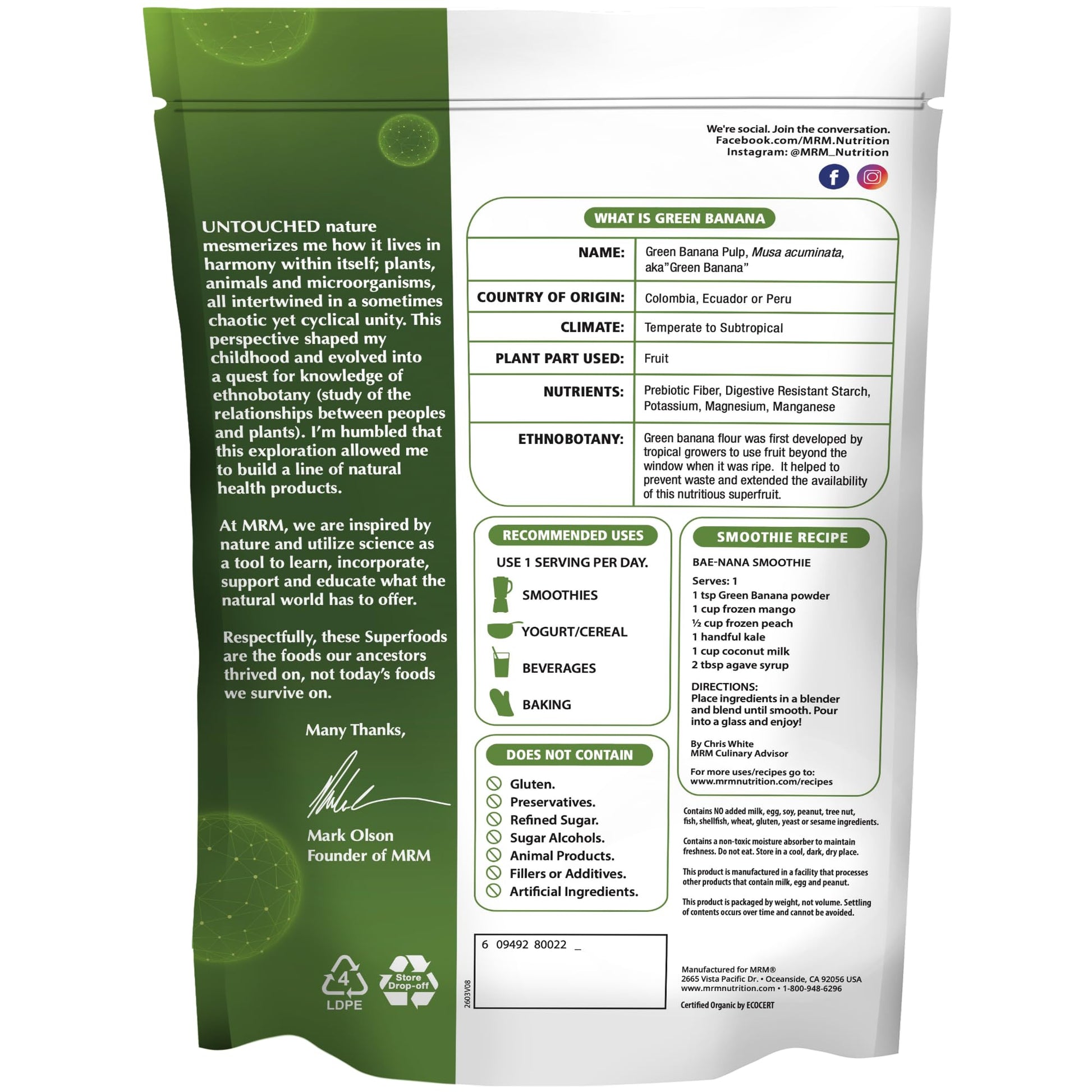 MRM Organic Green Banana Powder Superfood - Prebiotic-Fiber, Digestive Resistant Starch, Flour Alternative for Baking, Cooking and Shakes, Gluten‑Free, Vegan, Non-GMO verified-40 Servings - PrimeBioHealth - canada supplements