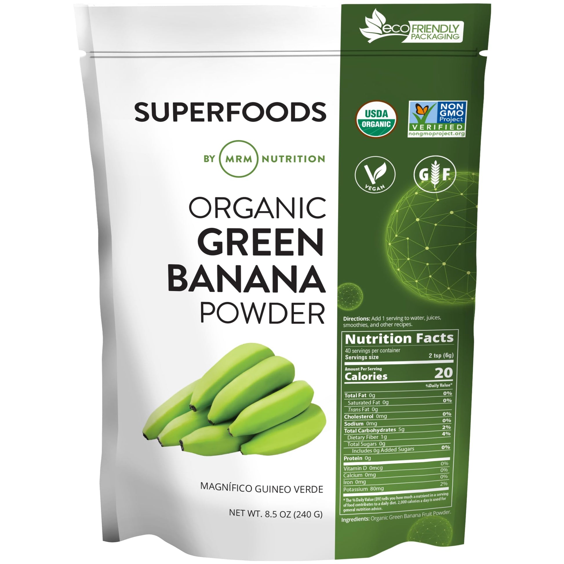 MRM Organic Green Banana Powder Superfood - Prebiotic-Fiber, Digestive Resistant Starch, Flour Alternative for Baking, Cooking and Shakes, Gluten‑Free, Vegan, Non-GMO verified-40 Servings - PrimeBioHealth - canada supplements