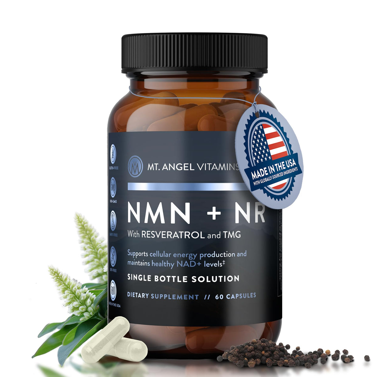 Mt. Angel Vitamins NMN Supplement + NR with Resveratrol & TMG, Dual NAD+ Precursors for Cellular Energy & Healthy Aging, 60 Capsules - PrimeBioHealth - canada supplements